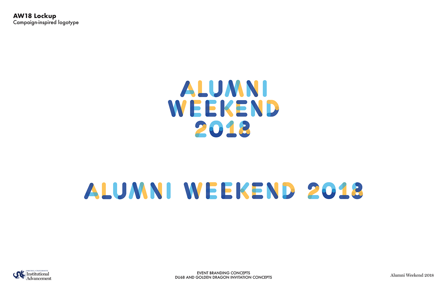 Presentation, slide with multicolor Alumni Weekend 18 logo