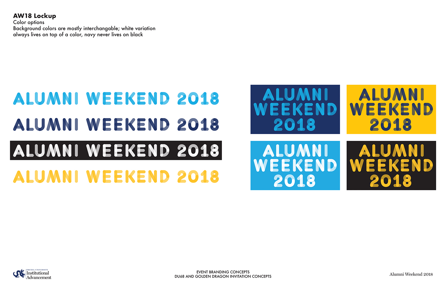 Presentation, slide with multiple colorways of the Alumni Weekend 18 logo
