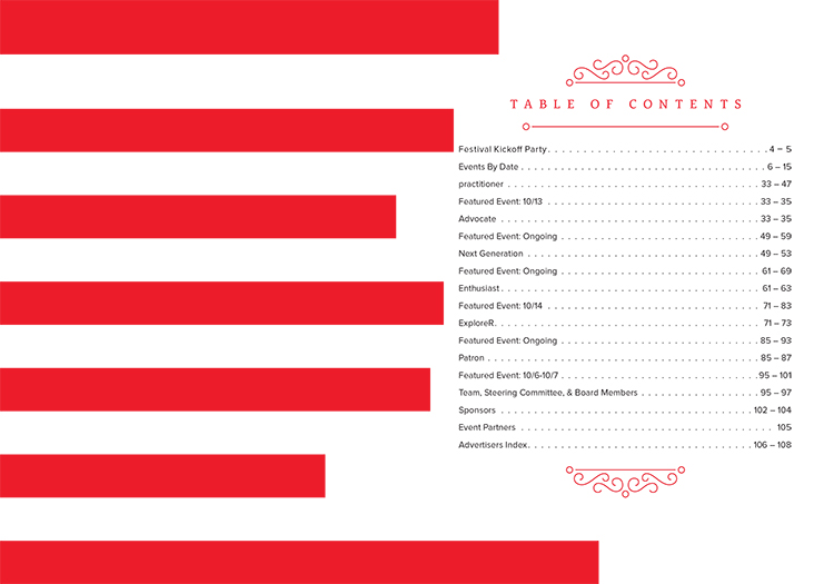 Two-page spread, with seven red horizontal stripes of different lengths on the left side and a table of contents on the right side