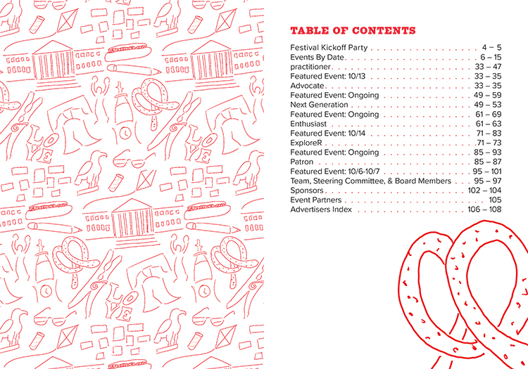 Two-page spread, with a hand-drawn pattern on the left side and a table of contents on the right side