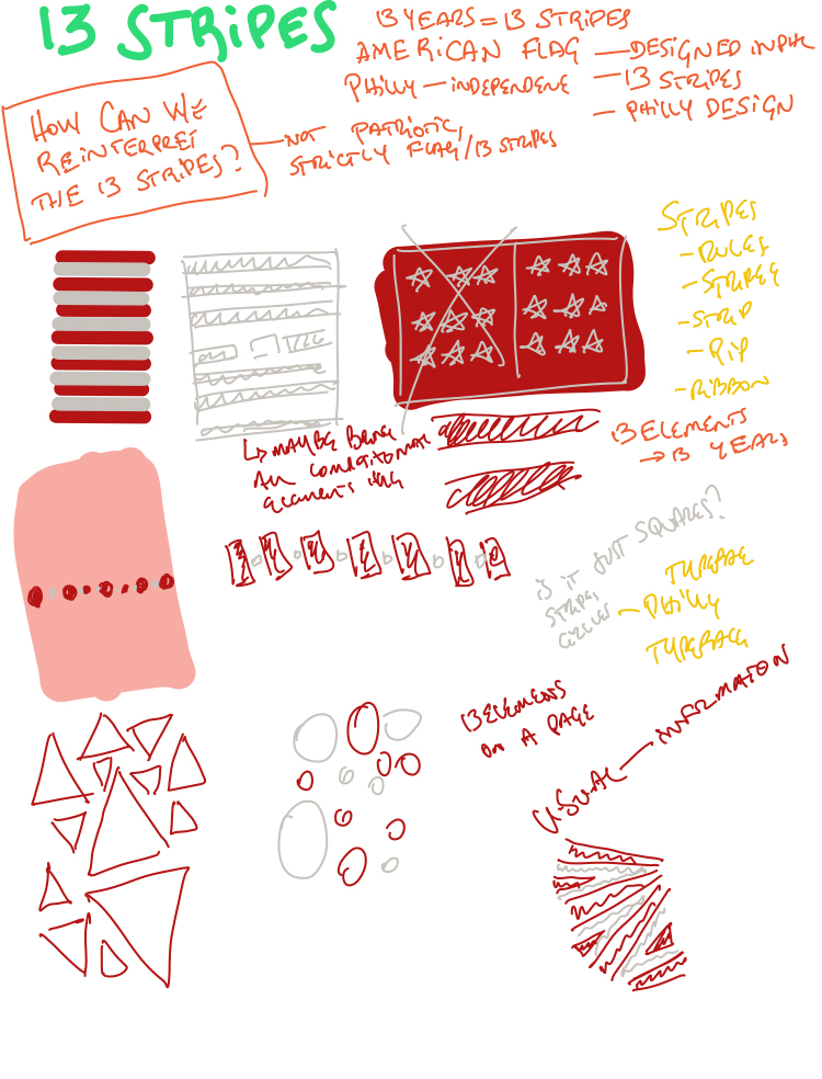 Hand-drawn sketches with notes, the page is title 13 stripes