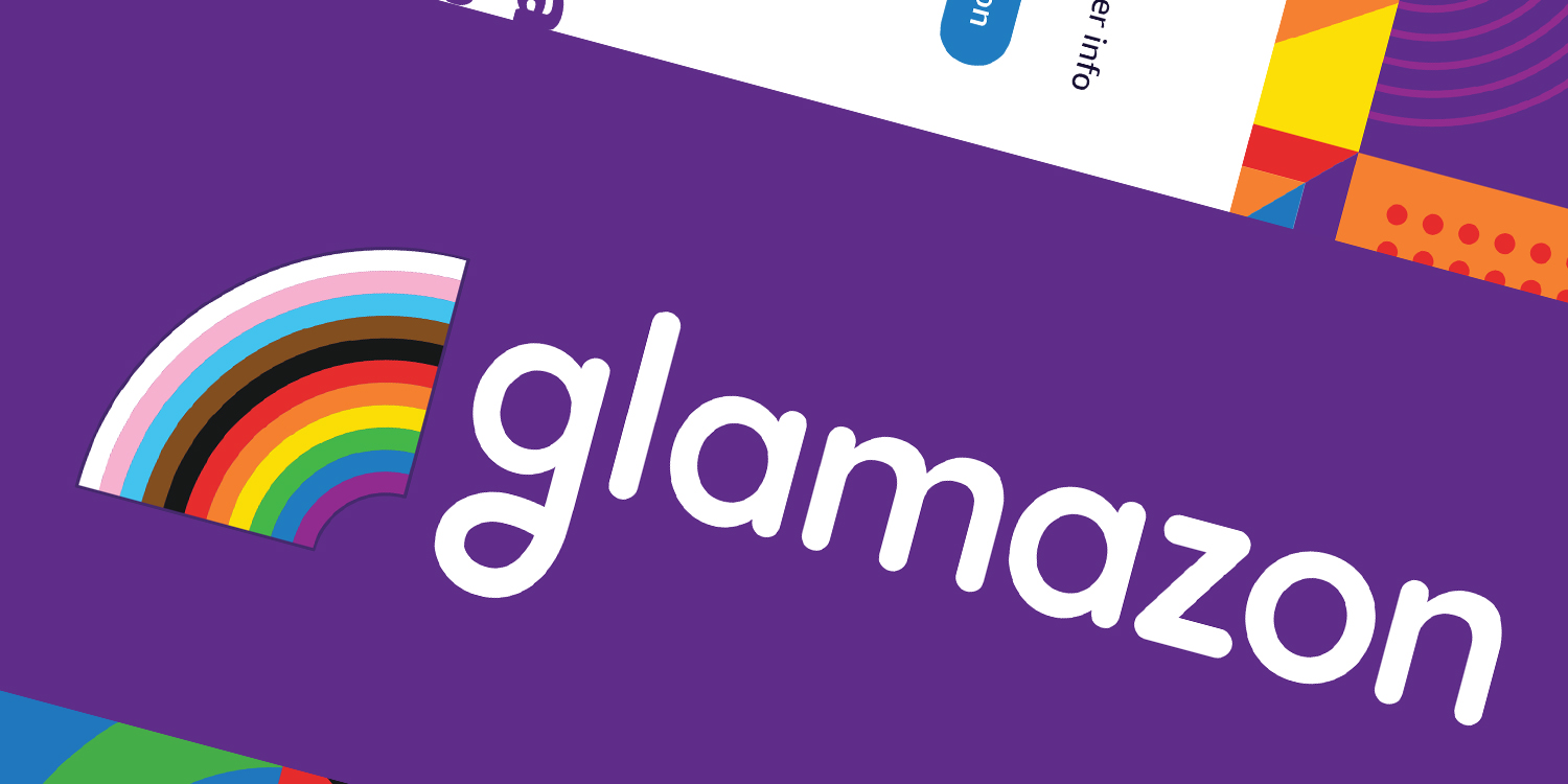 Glamazon bold composition, all items are rotated with the Glamazon logo on a purple band, and other graphic elements on the corners